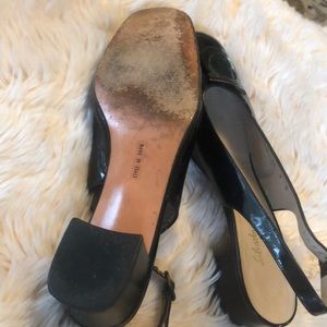 Black Patent 80’s Ferragamo Slingbacks, size 9 with medium wear.